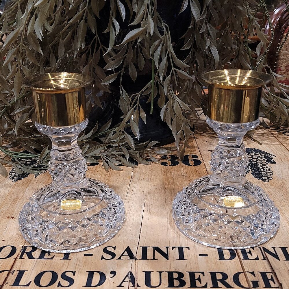 Vintage Diamond Cut Crystal & Brass Candle Holder Set Germany